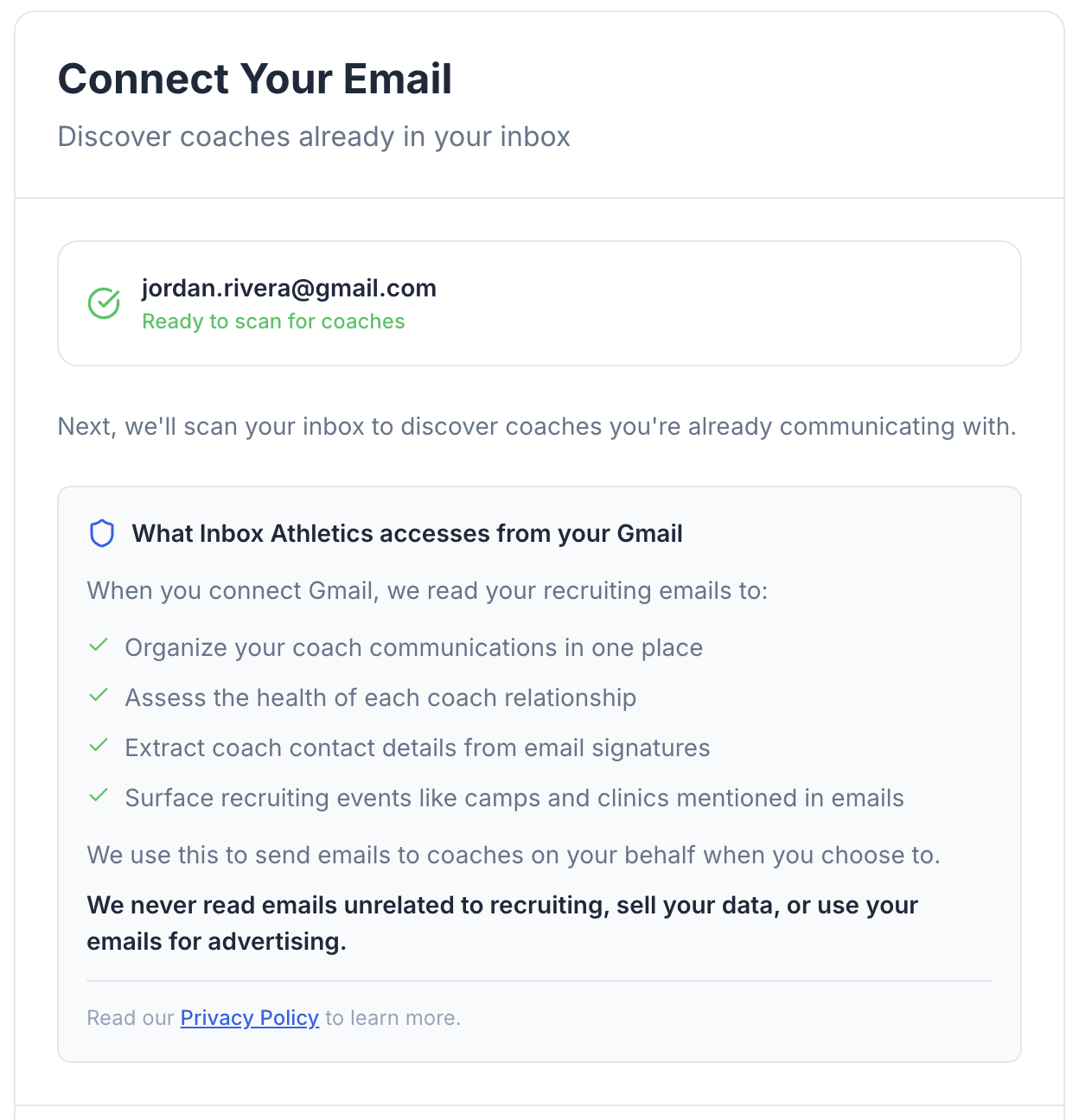 Inbox Athletics email connection screen on desktop