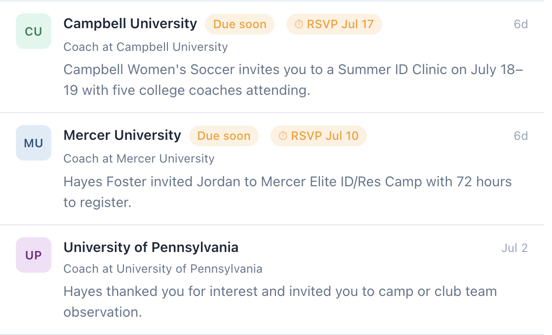 Inbox view showing coach emails organized by school with status badges and RSVP deadlines