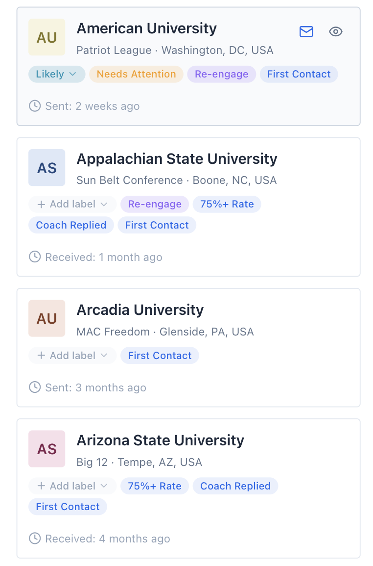 Colleges list showing school cards with logos, conference info, and action labels like Coach Replied and Needs Attention