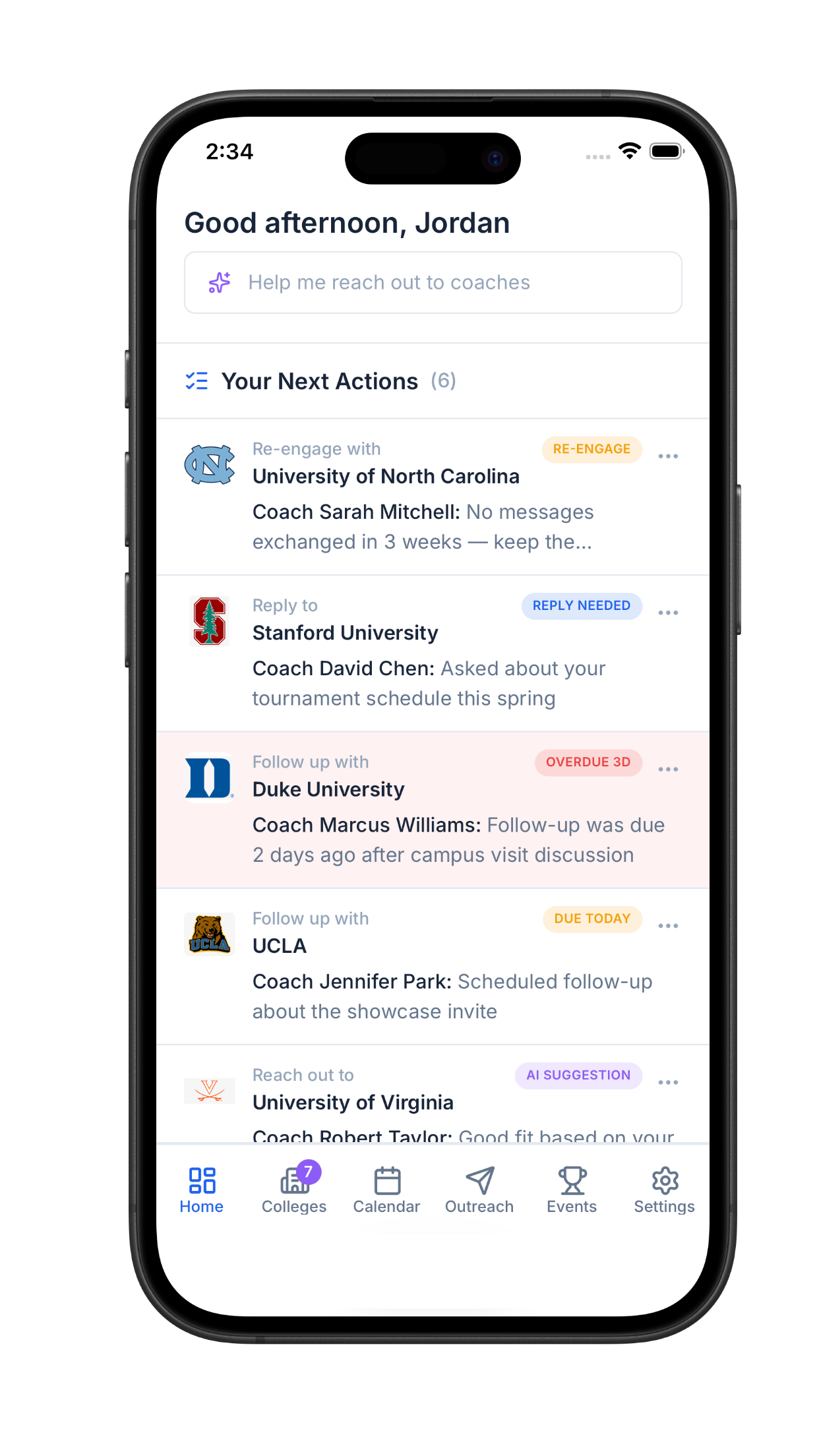 Inbox Athletics coach list on a mobile phone