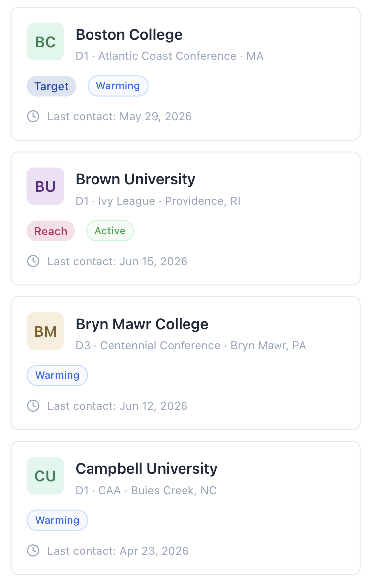 Parent Colleges page showing the tiled school grid with recruiting tier and relationship health badges per card