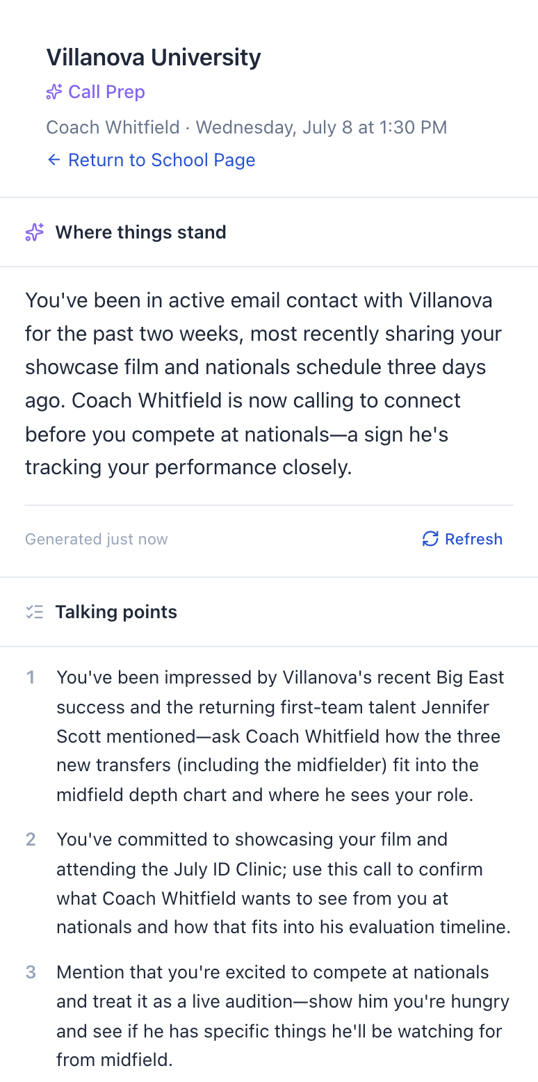 Villanova call prep showing talking points and where things stand with Coach Whitfield