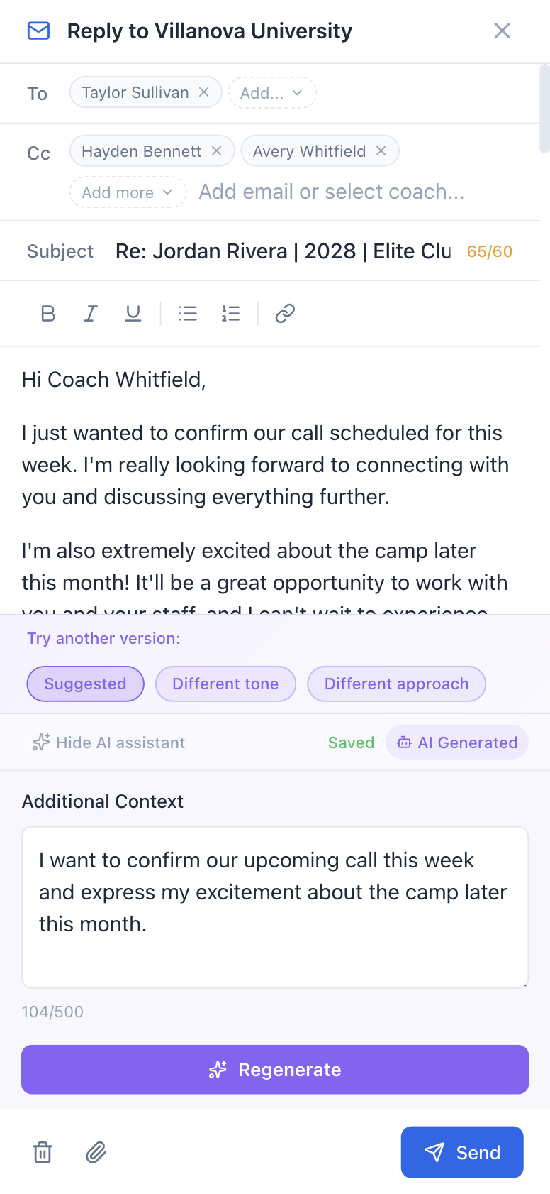 AI composer drafting a reply to Villanova’s Coach Whitfield with tone variant options
