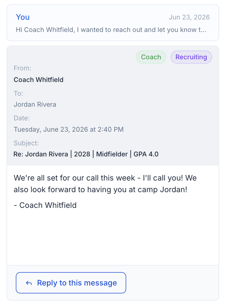 Coach Whitfield’s reply confirming the call and camp invitation
