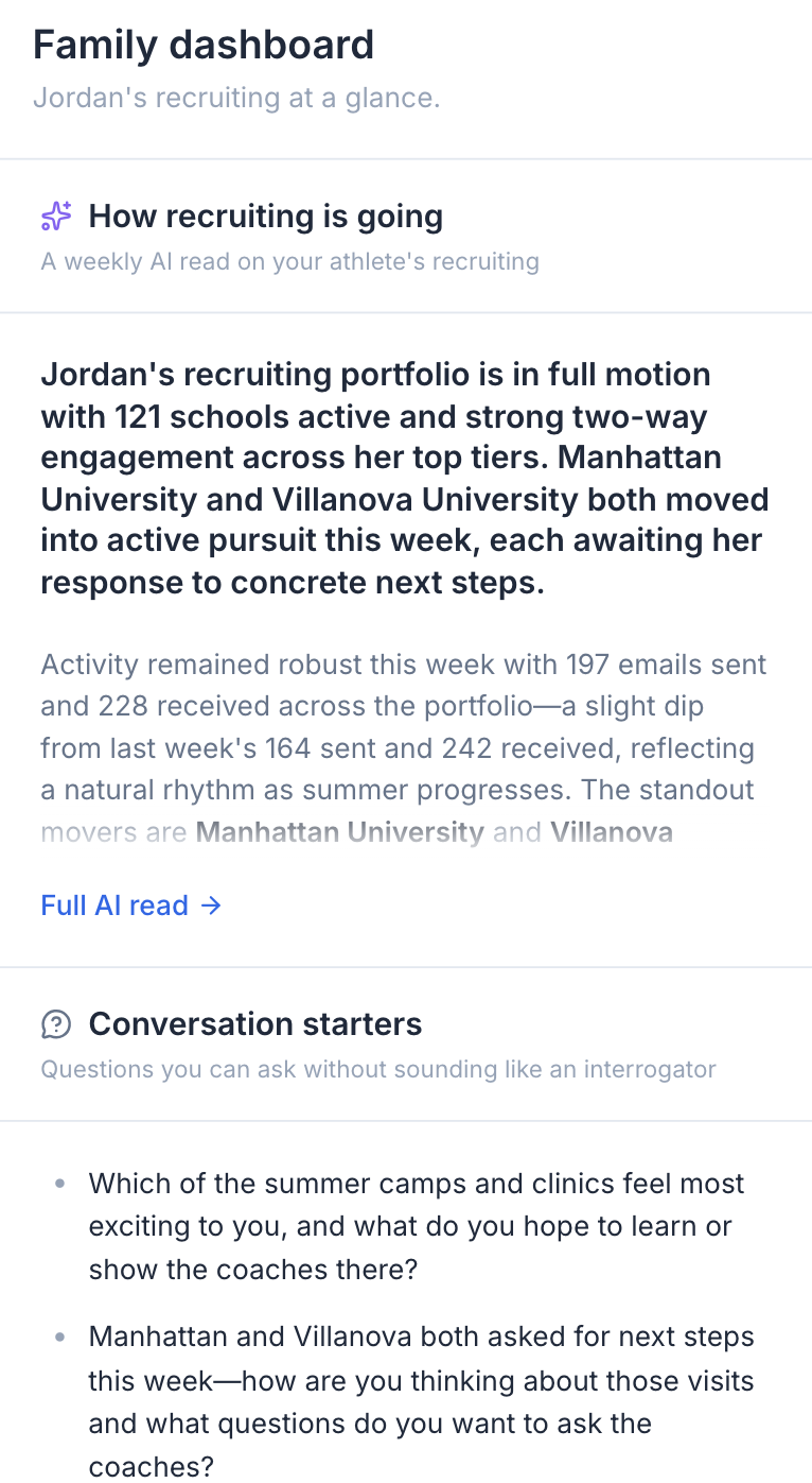 Family dashboard weekly AI read highlighting Villanova moving into active pursuit
